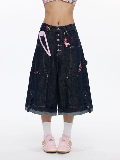 Pink Stitching Retro Cow Texture Denim Cropped Pants【s0000016818】