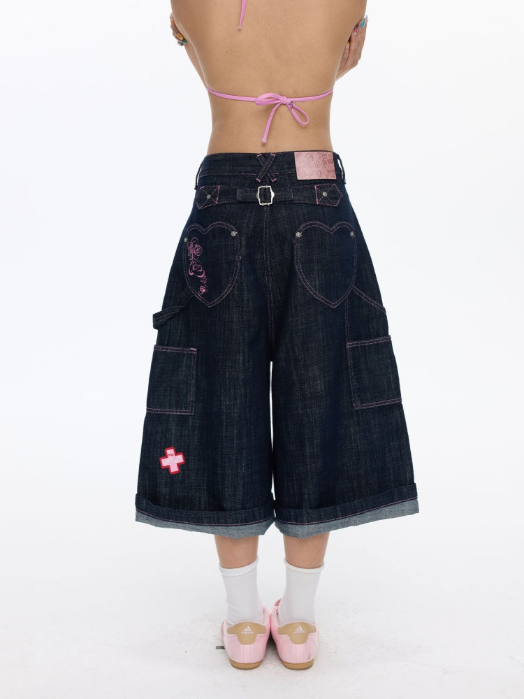 Pink Stitching Retro Cow Texture Denim Cropped Pants【s0000016818】