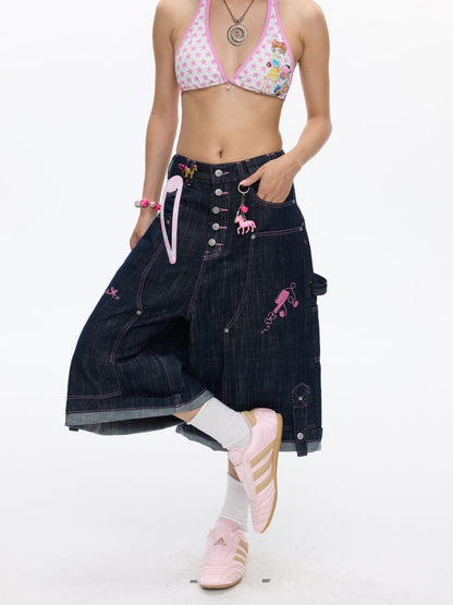 Pink Stitching Retro Cow Texture Denim Cropped Pants【s0000016818】
