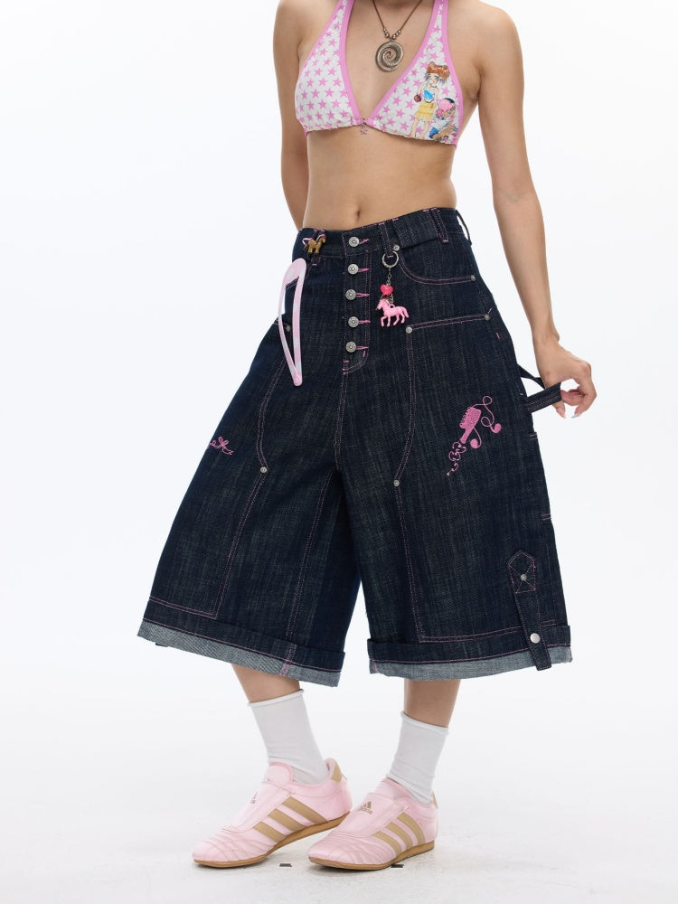 Pink Stitching Retro Cow Texture Denim Cropped Pants【s0000016818】