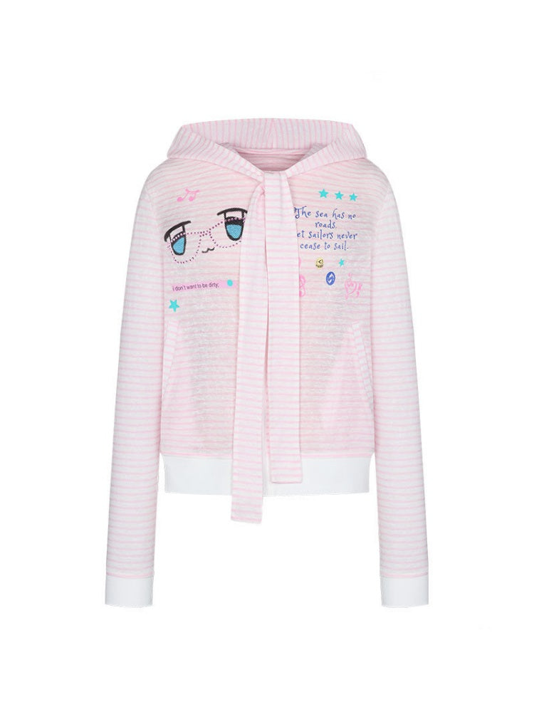 Pink Striped Sunscreen Thin Asian Cute Expression Shirt【s0000016819】