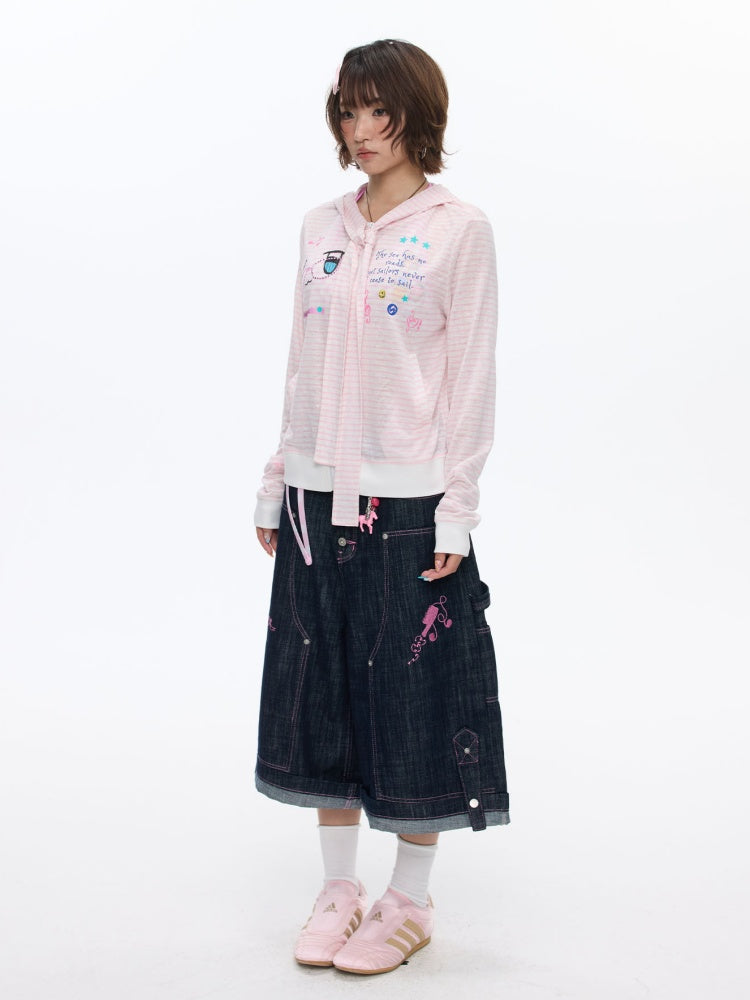 Pink Striped Sunscreen Thin Asian Cute Expression Shirt【s0000016819】