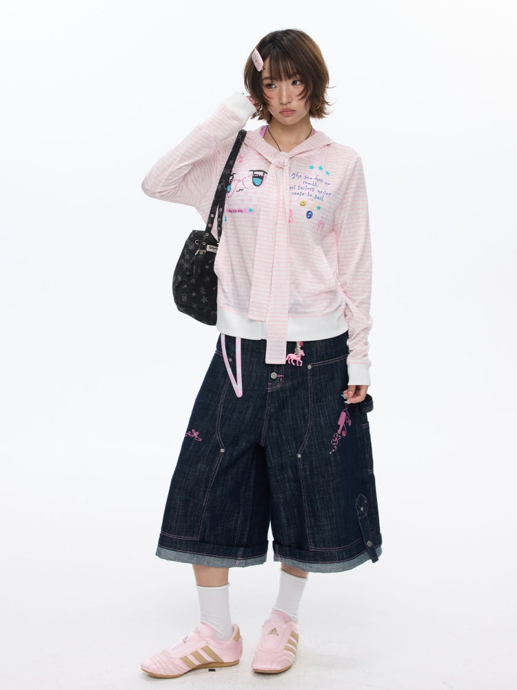 Pink Striped Sunscreen Thin Asian Cute Expression Shirt【s0000016819】