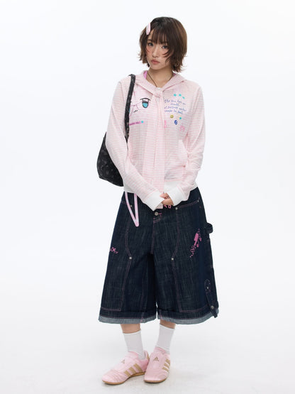 Pink Striped Sunscreen Thin Asian Cute Expression Shirt【s0000016819】