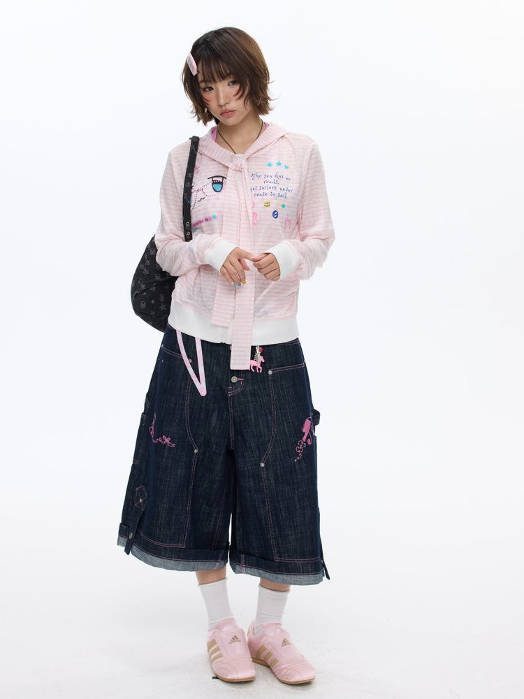 Pink Striped Sunscreen Thin Asian Cute Expression Shirt【s0000016819】