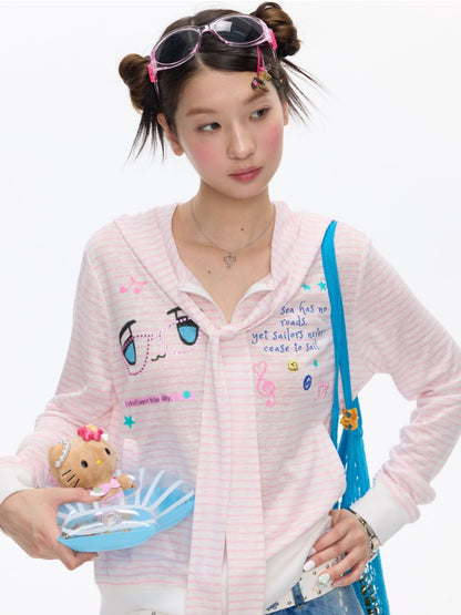 Pink Striped Sunscreen Thin Asian Cute Expression Shirt【s0000016819】