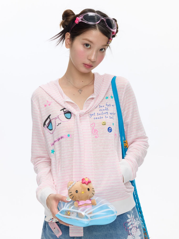 Pink Striped Sunscreen Thin Asian Cute Expression Shirt【s0000016819】