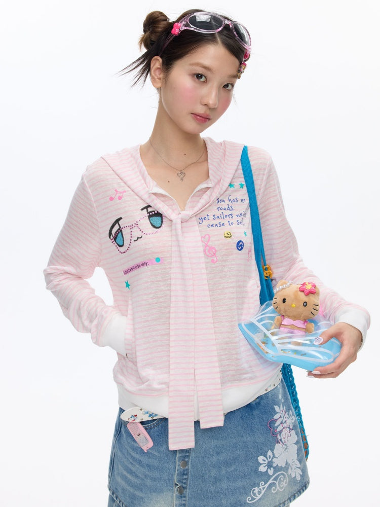 Pink Striped Sunscreen Thin Asian Cute Expression Shirt【s0000016819】