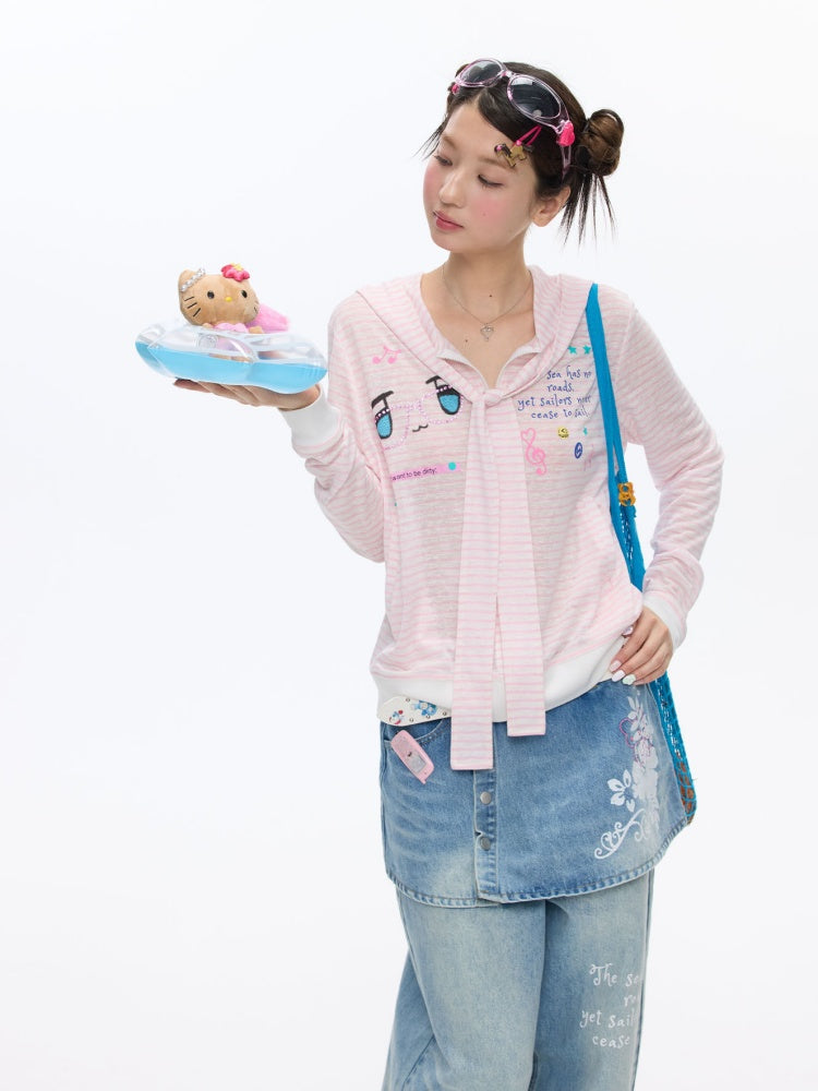 Pink Striped Sunscreen Thin Asian Cute Expression Shirt【s0000016819】