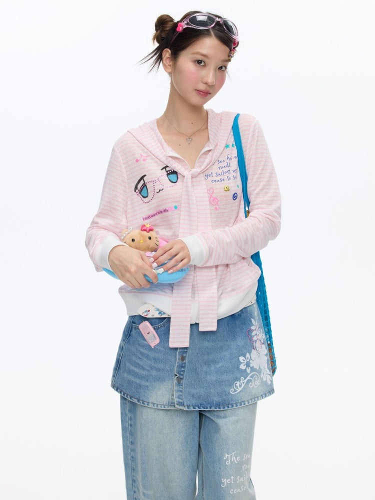 Pink Striped Sunscreen Thin Asian Cute Expression Shirt【s0000016819】