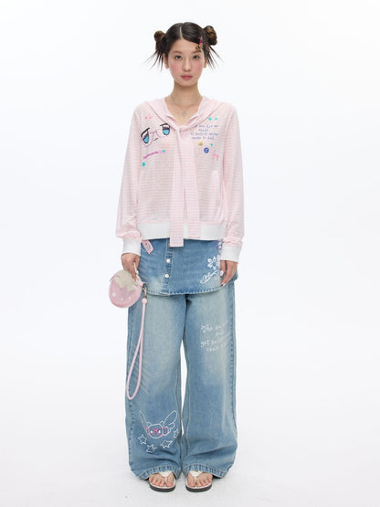 Pink Striped Sunscreen Thin Asian Cute Expression Shirt【s0000016819】
