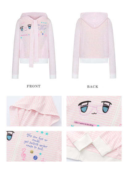 Pink Striped Sunscreen Thin Asian Cute Expression Shirt【s0000016819】