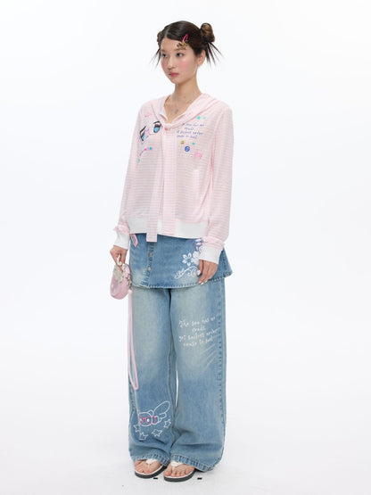 Pink Striped Sunscreen Thin Asian Cute Expression Shirt【s0000016819】