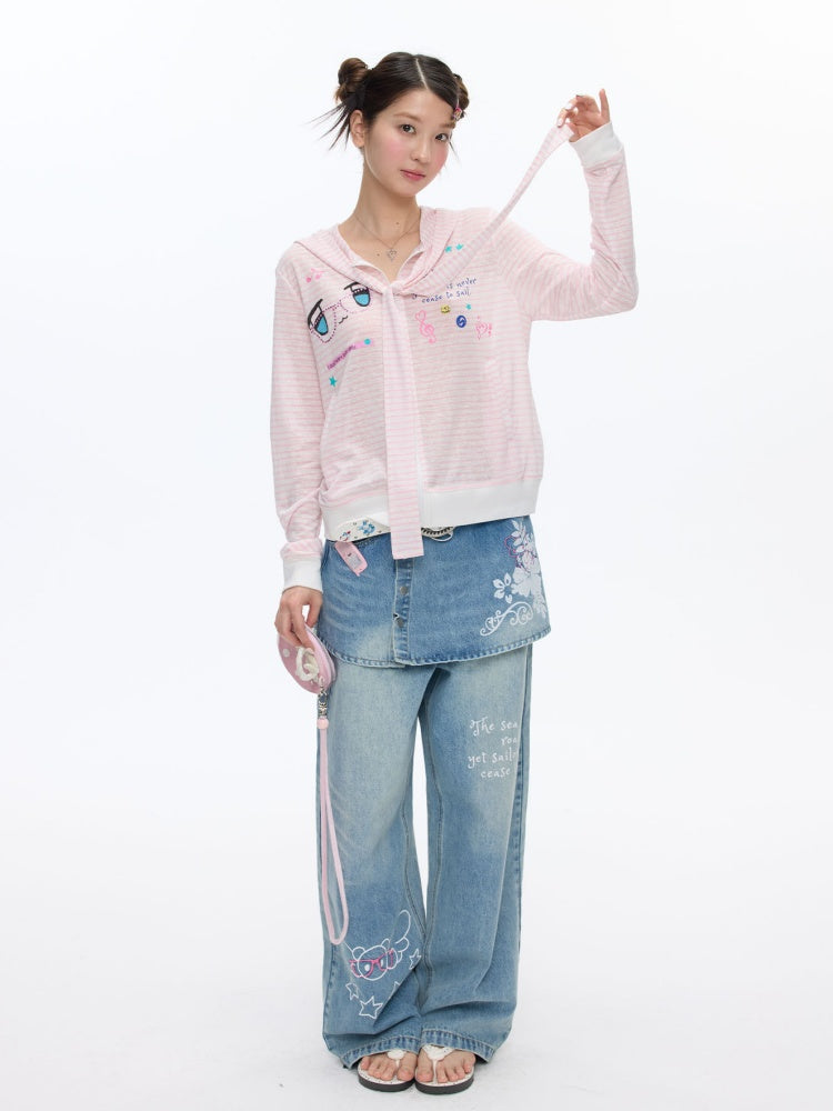 Pink Striped Sunscreen Thin Asian Cute Expression Shirt【s0000016819】