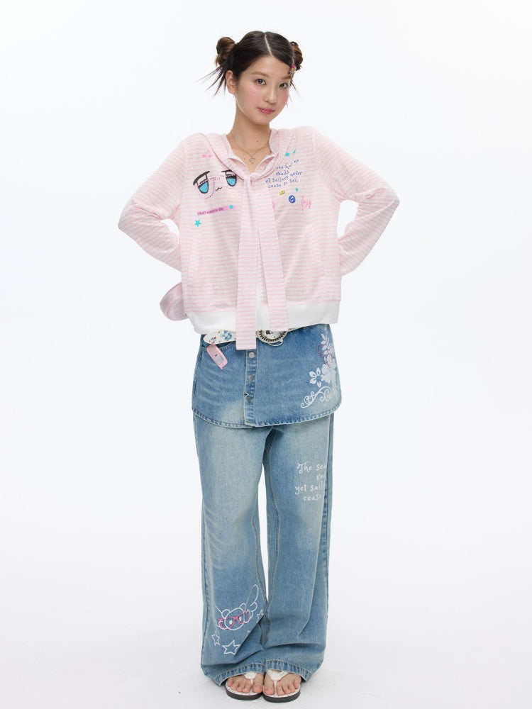 Pink Striped Sunscreen Thin Asian Cute Expression Shirt【s0000016819】