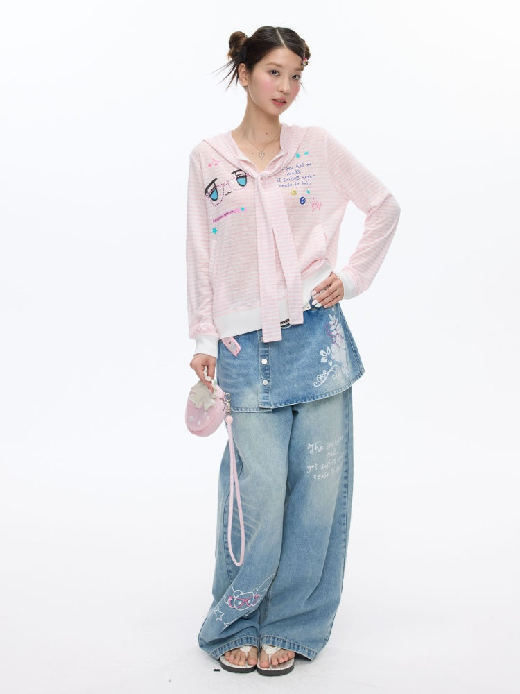 Pink Striped Sunscreen Thin Asian Cute Expression Shirt【s0000016819】