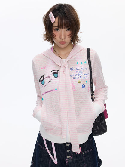 Pink Striped Sunscreen Thin Asian Cute Expression Shirt【s0000016819】