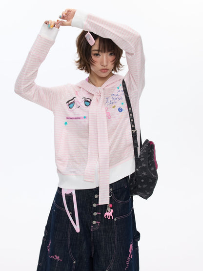 Pink Striped Sunscreen Thin Asian Cute Expression Shirt【s0000016819】