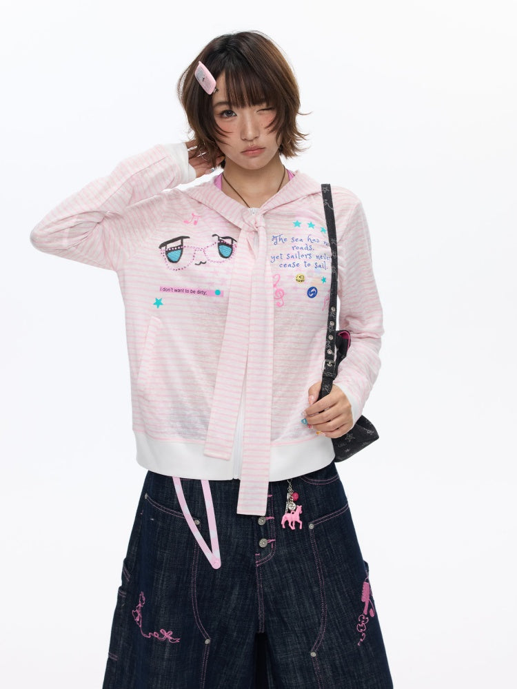 Pink Striped Sunscreen Thin Asian Cute Expression Shirt【s0000016819】