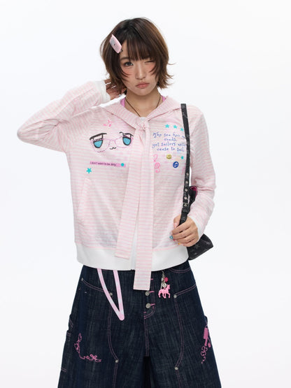 Pink Striped Sunscreen Thin Asian Cute Expression Shirt【s0000016819】