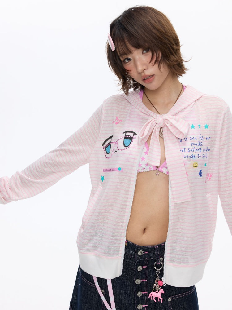 Pink Striped Sunscreen Thin Asian Cute Expression Shirt【s0000016819】