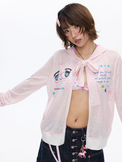Pink Striped Sunscreen Thin Asian Cute Expression Shirt【s0000016819】