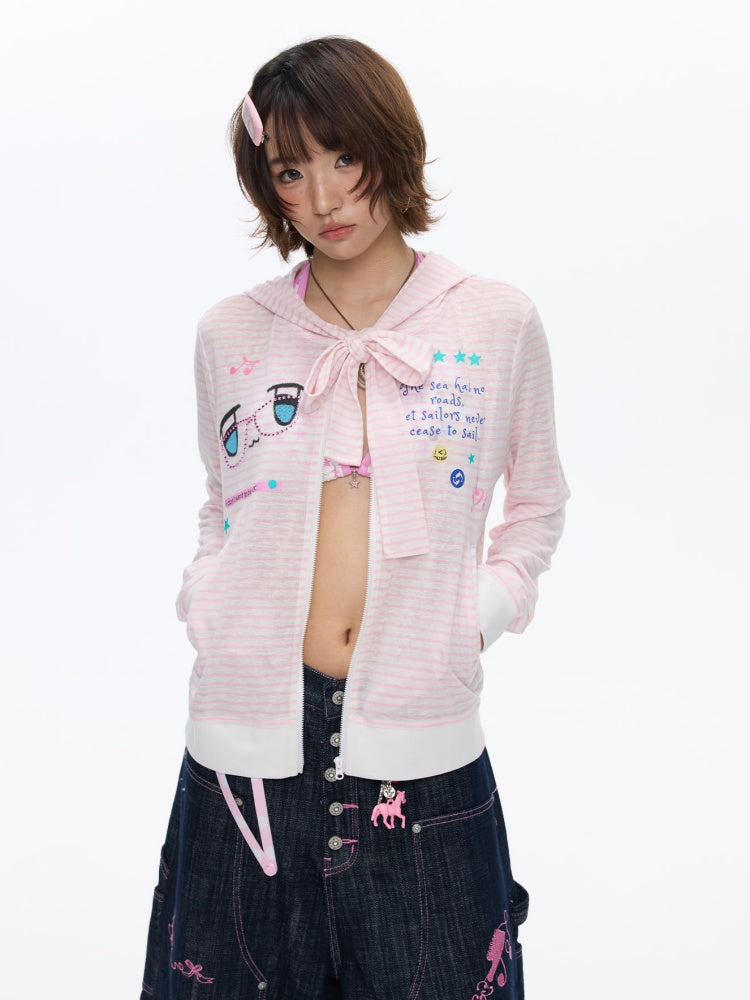 Pink Striped Sunscreen Thin Asian Cute Expression Shirt【s0000016819】