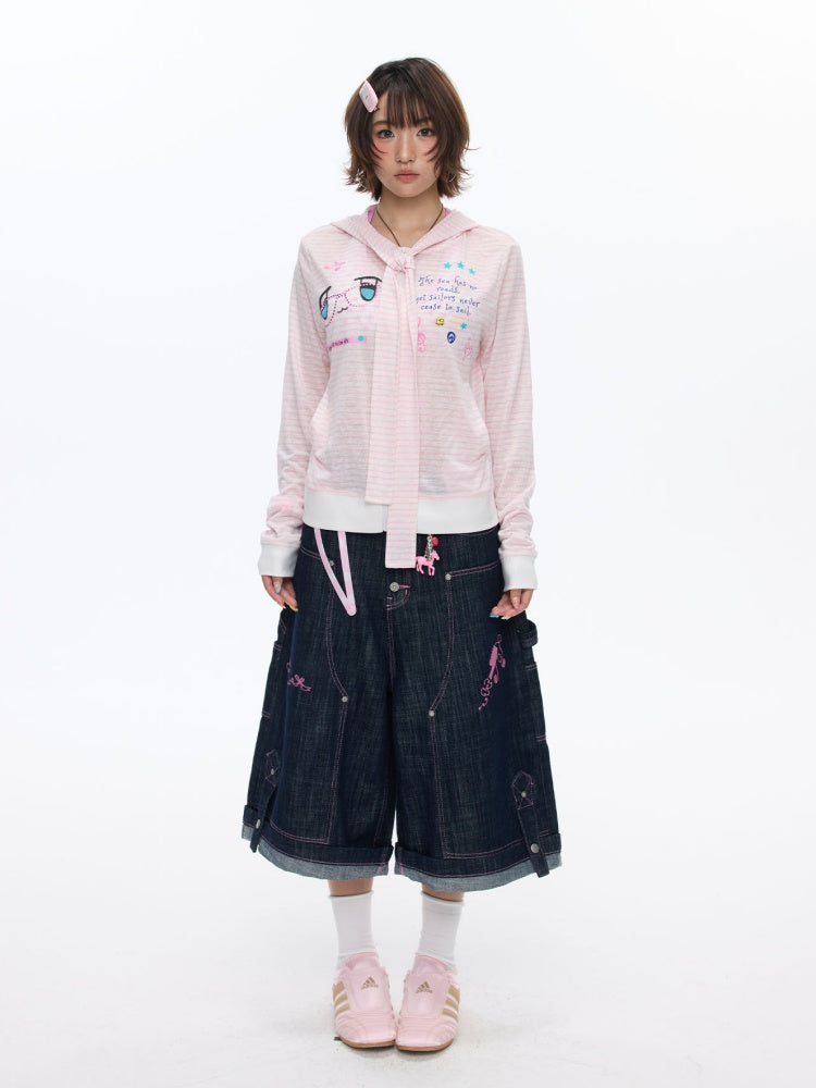 Pink Striped Sunscreen Thin Asian Cute Expression Shirt【s0000016819】