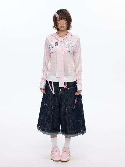 Pink Striped Sunscreen Thin Asian Cute Expression Shirt【s0000016819】