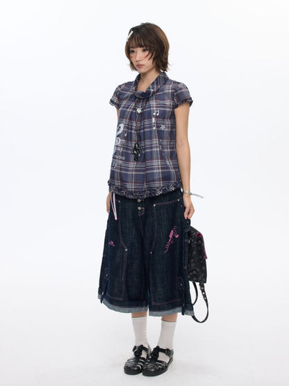 Notes Of Memory Vintage Style Ruffled Sleeves Plaid Shirt【s0000016822】