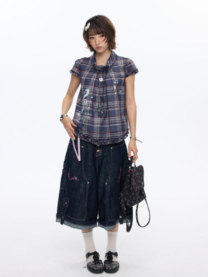 Notes Of Memory Vintage Style Ruffled Sleeves Plaid Shirt【s0000016822】