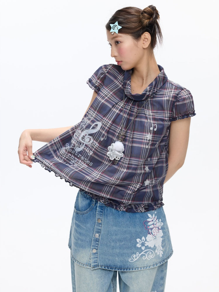 Notes Of Memory Vintage Style Ruffled Sleeves Plaid Shirt【s0000016822】