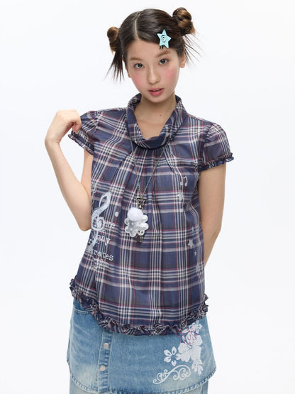 Notes Of Memory Vintage Style Ruffled Sleeves Plaid Shirt【s0000016822】