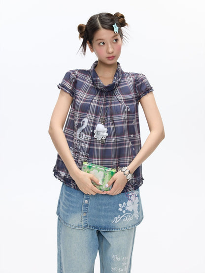 Notes Of Memory Vintage Style Ruffled Sleeves Plaid Shirt【s0000016822】