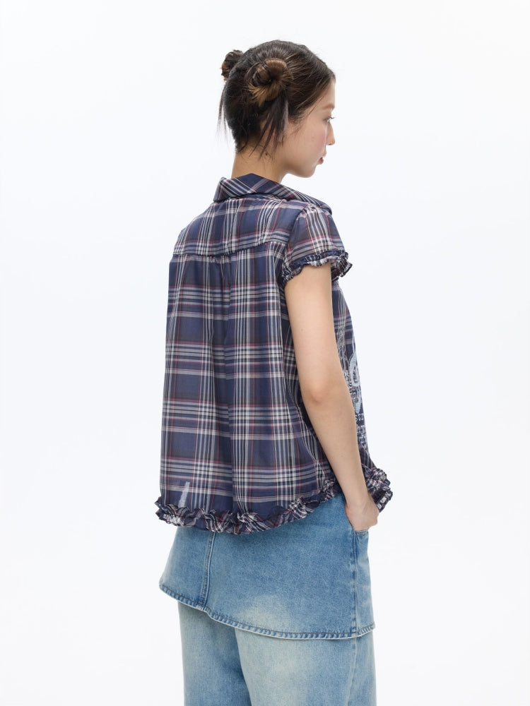 Notes Of Memory Vintage Style Ruffled Sleeves Plaid Shirt【s0000016822】