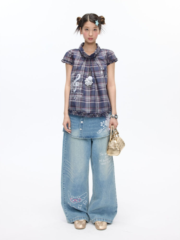 Notes Of Memory Vintage Style Ruffled Sleeves Plaid Shirt【s0000016822】