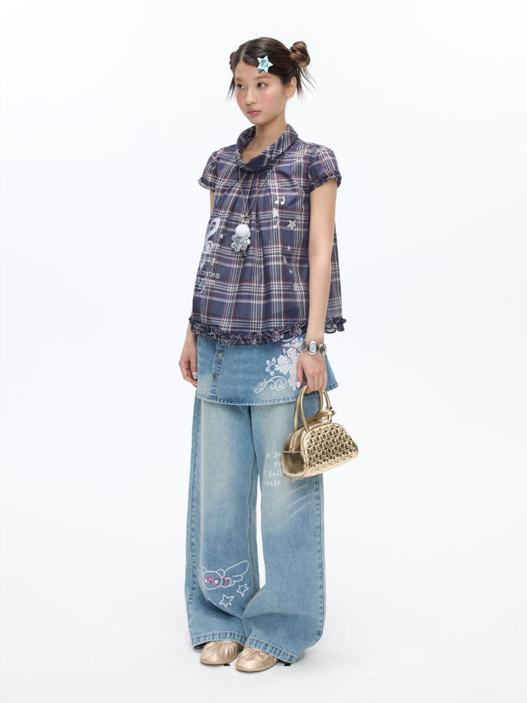 Notes Of Memory Vintage Style Ruffled Sleeves Plaid Shirt【s0000016822】