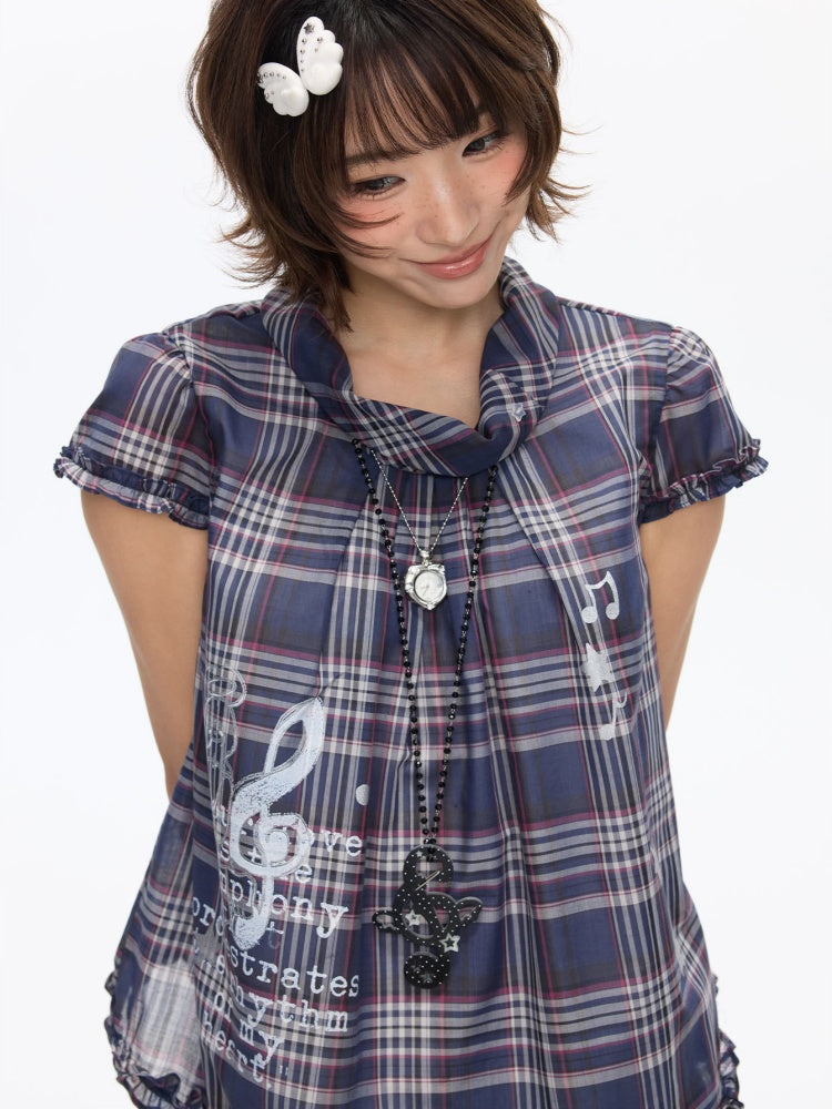 Notes Of Memory Vintage Style Ruffled Sleeves Plaid Shirt【s0000016822】