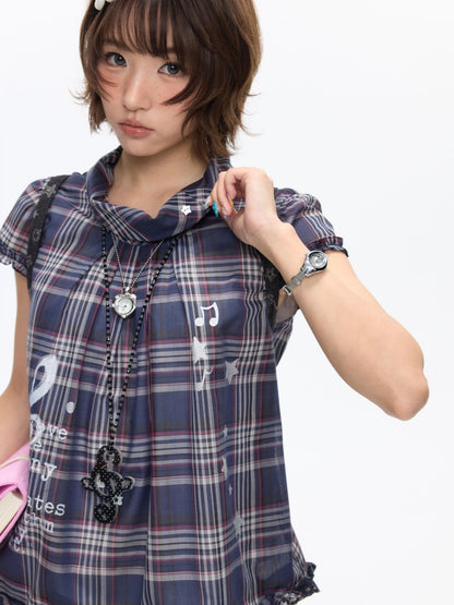 Notes Of Memory Vintage Style Ruffled Sleeves Plaid Shirt【s0000016822】