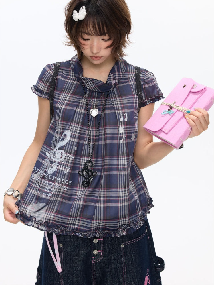 Notes Of Memory Vintage Style Ruffled Sleeves Plaid Shirt【s0000016822】