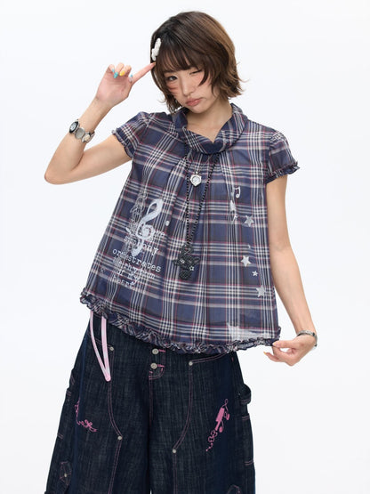 Notes Of Memory Vintage Style Ruffled Sleeves Plaid Shirt【s0000016822】