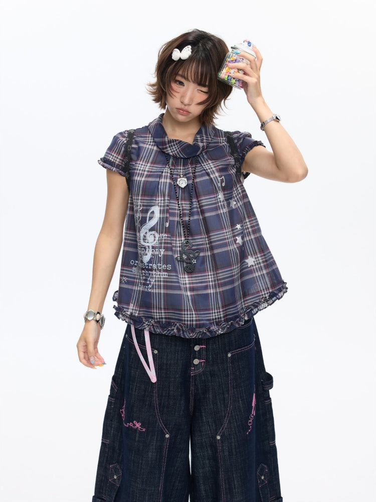 Notes Of Memory Vintage Style Ruffled Sleeves Plaid Shirt【s0000016822】
