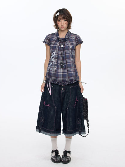 Notes Of Memory Vintage Style Ruffled Sleeves Plaid Shirt【s0000016822】