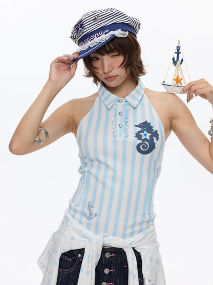 Striped Seahorse Polo Sleeveless Shirt【s0000016824】
