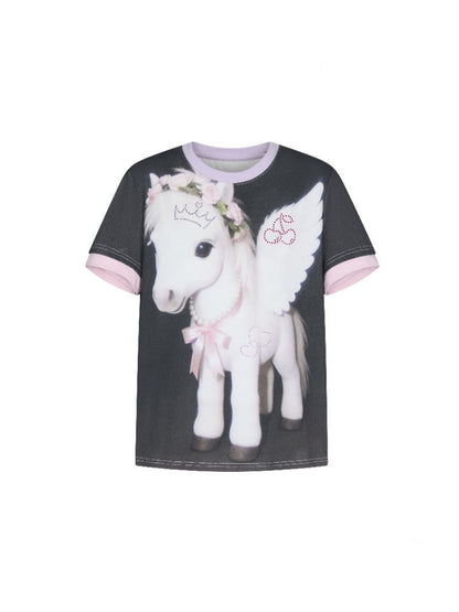 Flying Pony Print Short-Sleeve Stitching T-Shirt【s0000016827】