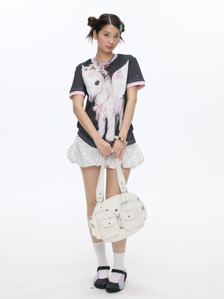 Flying Pony Print Short-Sleeve Stitching T-Shirt【s0000016827】