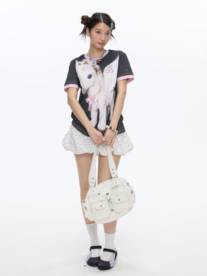 Flying Pony Print Short-Sleeve Stitching T-Shirt【s0000016827】