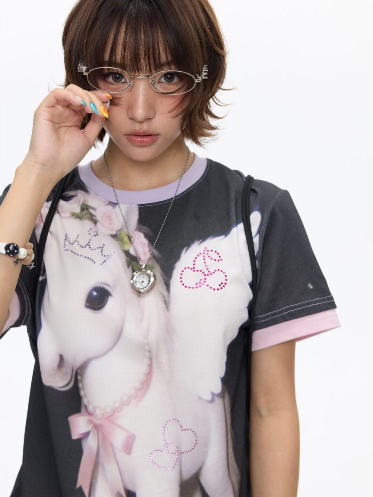 Flying Pony Print Short-Sleeve Stitching T-Shirt【s0000016827】
