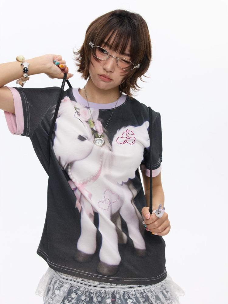 Flying Pony Print Short-Sleeve Stitching T-Shirt【s0000016827】