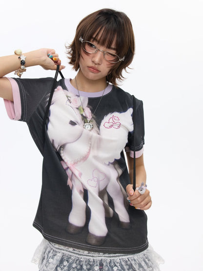 Flying Pony Print Short-Sleeve Stitching T-Shirt【s0000016827】